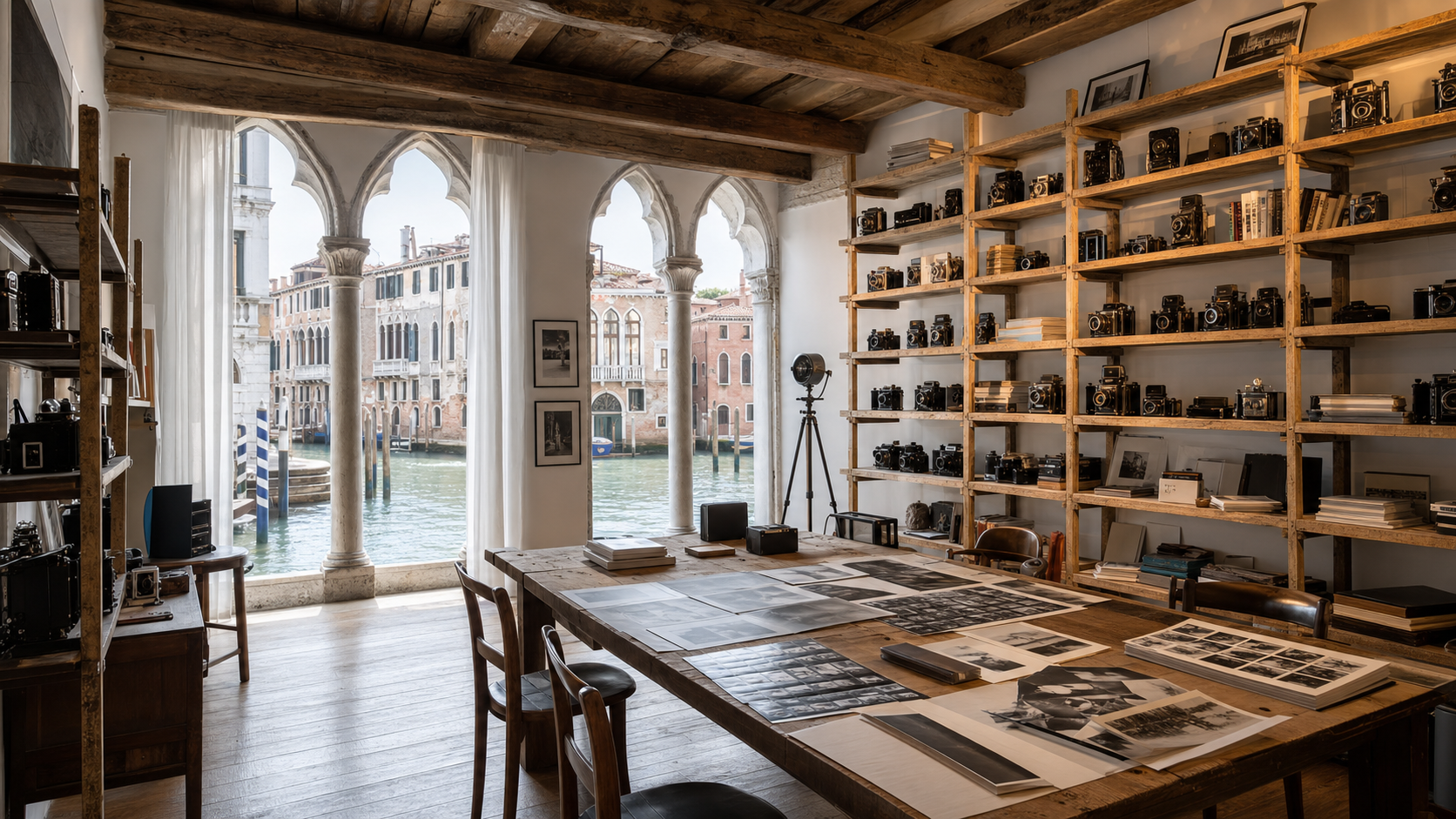 Interno dell'atelier fotografico Sviluppo a Venezia con finestre sul canale e attrezzatura fotografica