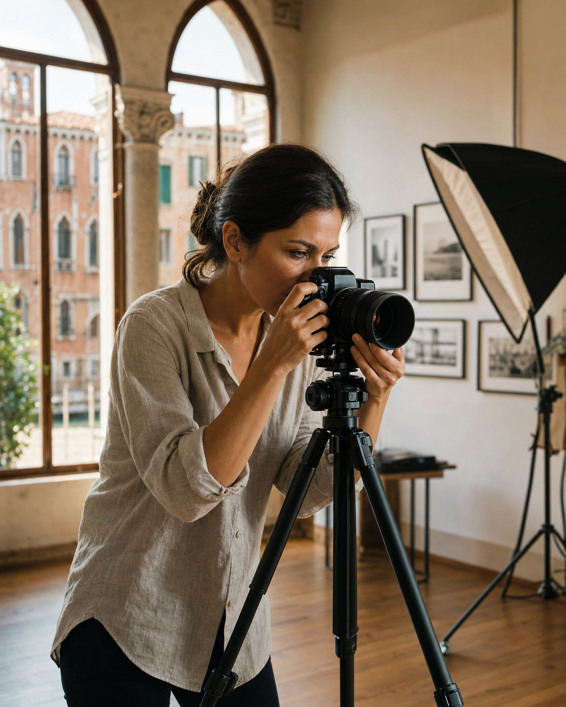Fotografa al lavoro con macchina fotografica durante un ritratto in uno studio luminoso a Venezia