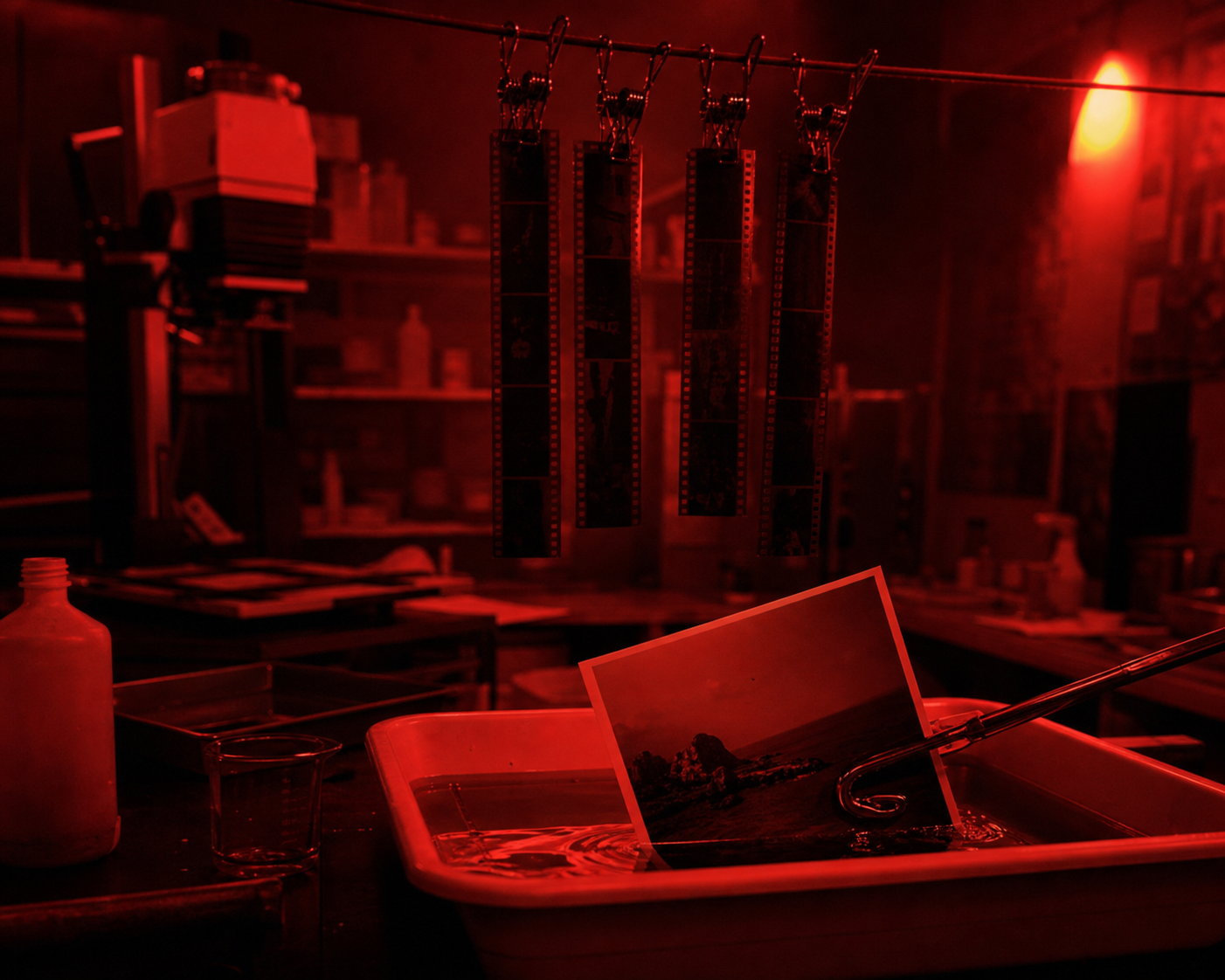 Rullino fotografico e stampe in sviluppo in camera oscura con luce di sicurezza rossa