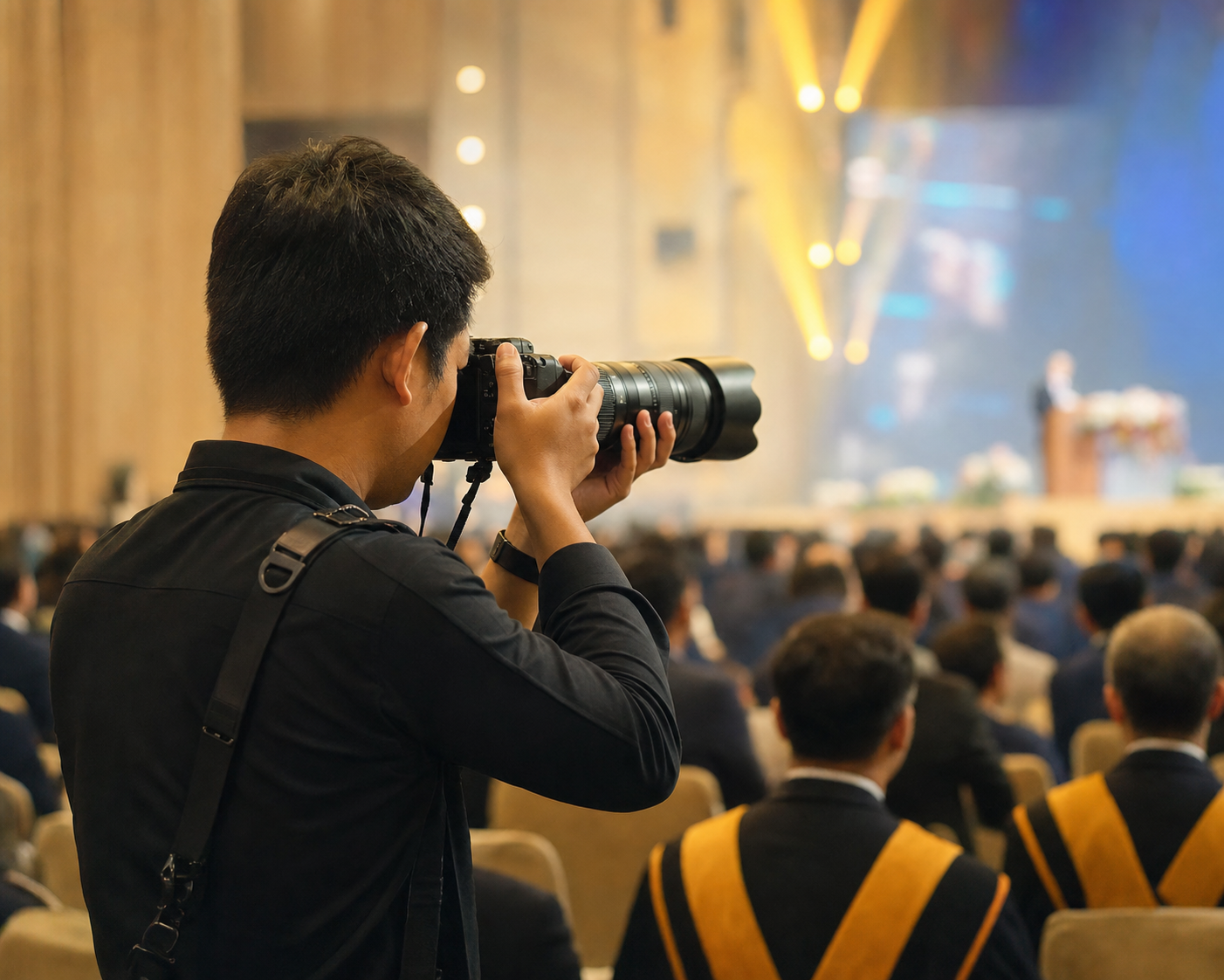 Fotografo che documenta un evento aziendale e una cerimonia con luci scenografiche