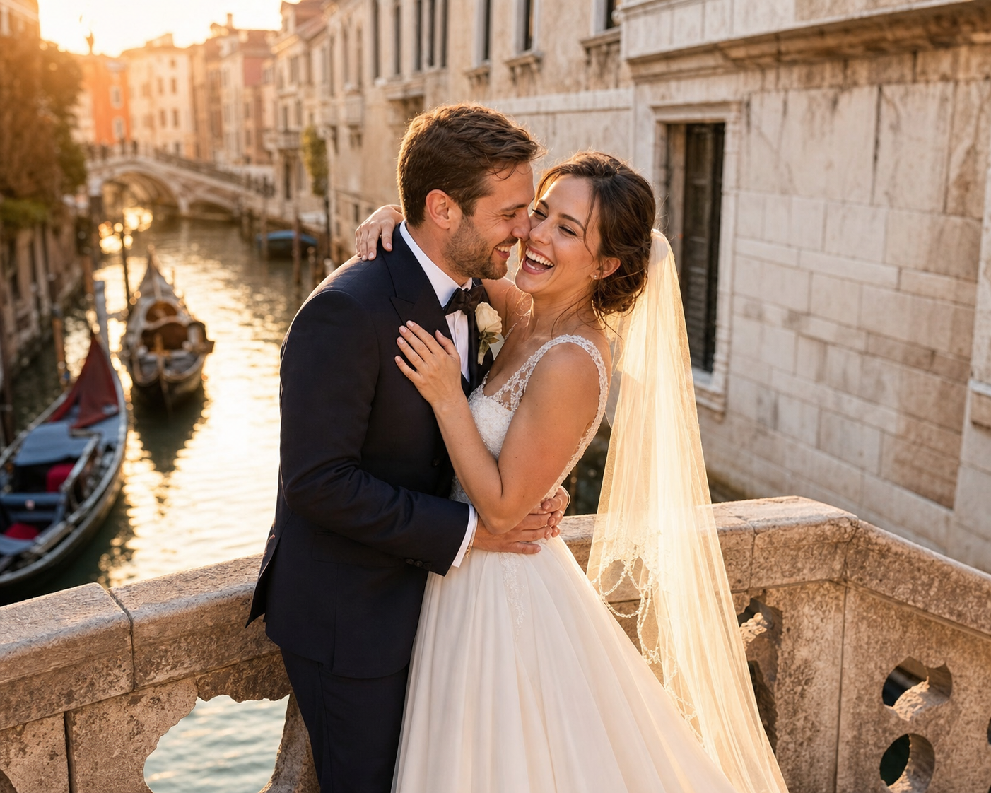 Sposi che si abbracciano durante un servizio fotografico di matrimonio a Venezia